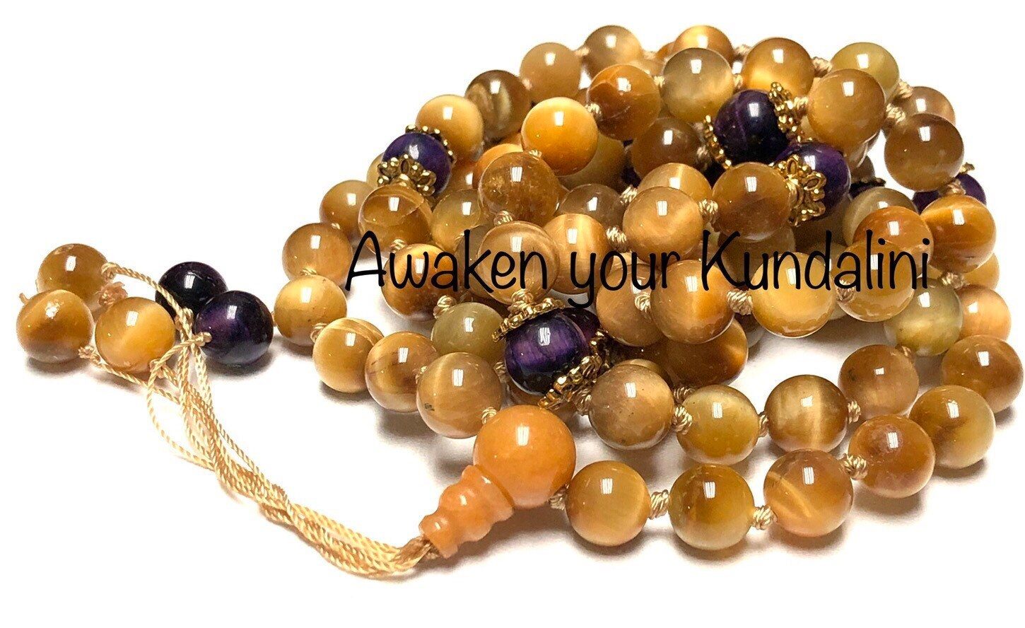 Yellow & Purple Tiger's Eye Mala Beads Necklace designed for Solar Plexus and Crown Chakra balance, confidence, and spiritual insight, associated with Gemini and Capricorn.