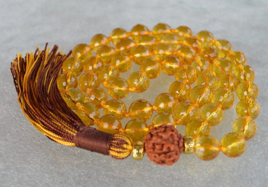 Citrine & Rudraksha Hand Knotted Mala Beads Necklace featuring genuine Citrine and Rudraksha beads, designed for Sacral and Solar Plexus Chakra balance and Leo birthstone support.