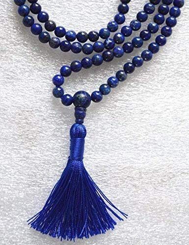  Dark Blue Lapis Lazuli Mala Beads Necklace featuring genuine lapis lazuli beads, designed for Third Eye & Throat Chakra balance, Sagittarius & Pisces energies, and enhanced wisdom and communication.