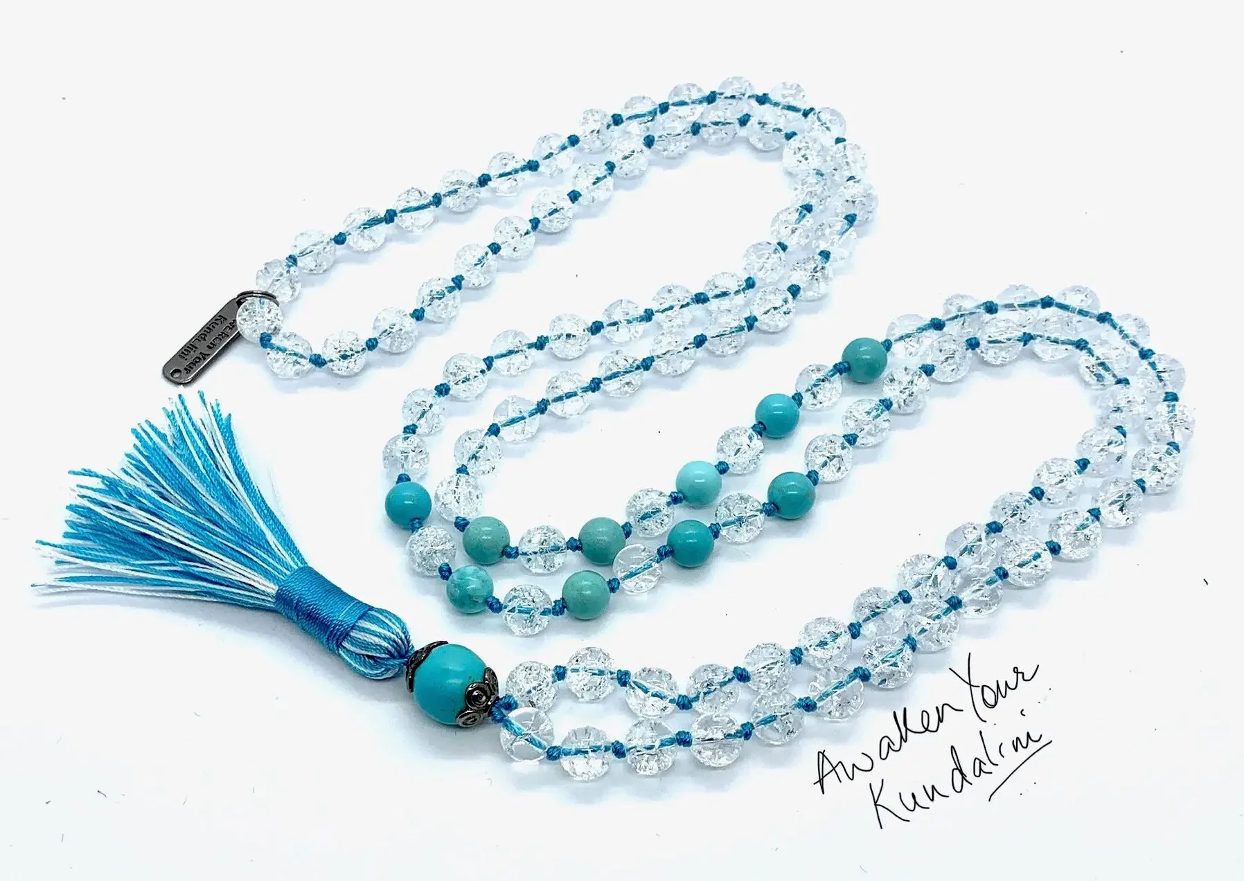 Crackled Crystal Quartz & Turquoise Necklace, designed for Throat and Crown Chakra alignment, enhancing clarity, communication, and spiritual growth, resonating with Sagittarius and Pisces.