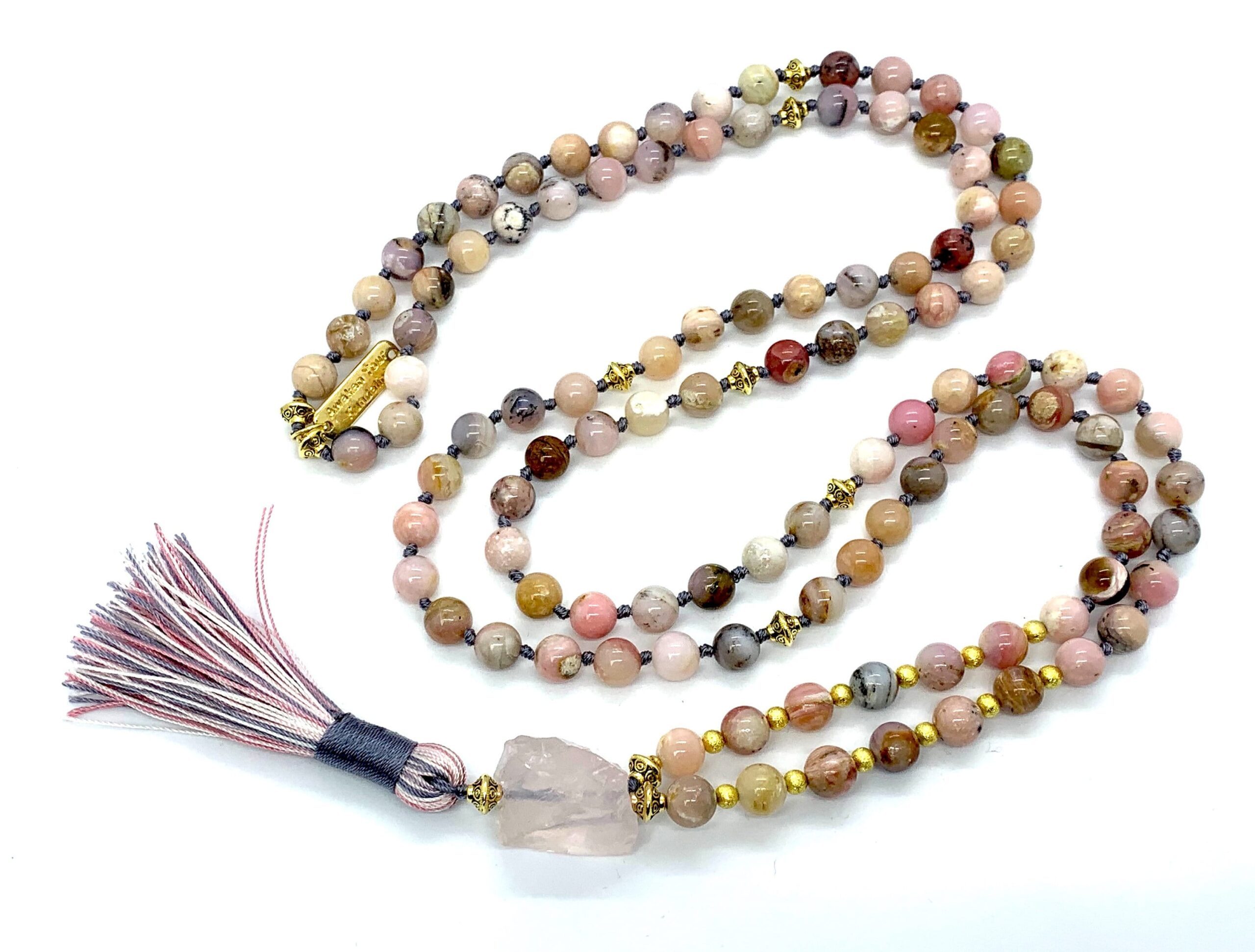 Pink Opal & Rose Quartz Necklace featuring gentle pink hues, designed to open and balance the Heart Chakra. Perfect for promoting love, emotional healing, and inner peace.