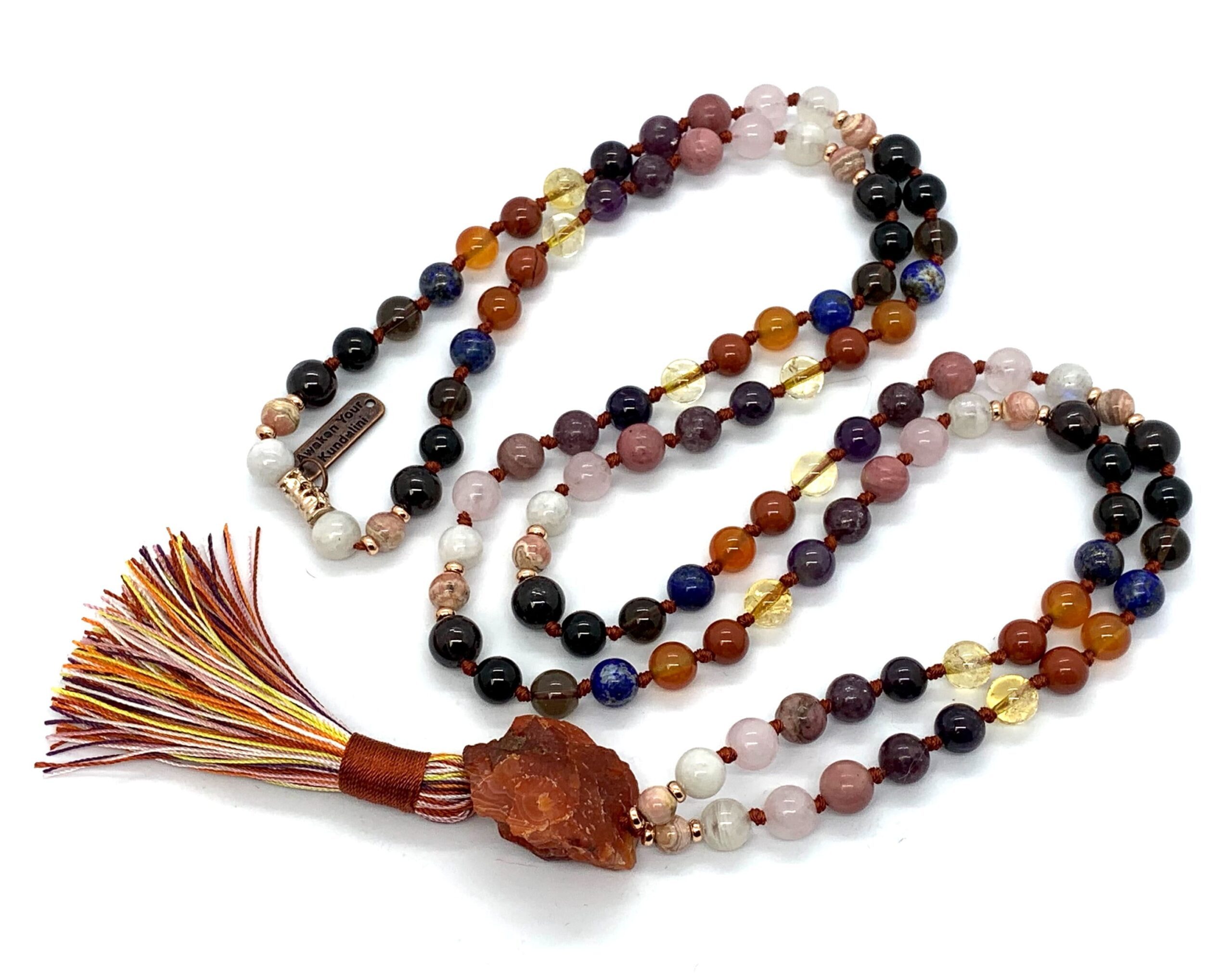 Crystals for Anxiety Mala Necklace with 108 hand-knotted beads featuring Amethyst, Carnelian, Rhodonite, Rhodochrosite, and Rose Quartz. Supports emotional healing and balance, ideal for anxiety relief.