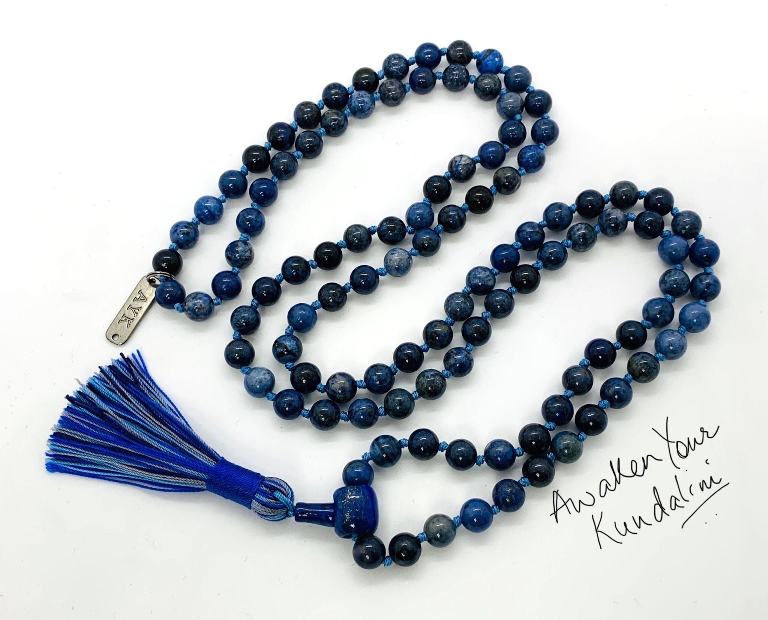 Dumortierite Beaded Mala Necklace featuring 108 hand-knotted beads, designed to enhance communication and intuition, with Throat and Third Eye Chakra support, resonating with Leo and Sagittarius.