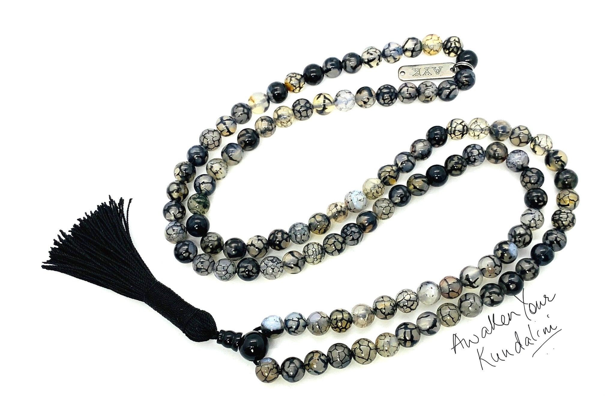 Dragon Vein Agate Mala Beads Necklace designed for Root and Sacral Chakra support, enhancing grounding, creativity, and emotional balance, with gemstones resonating with Aries and Scorpio.