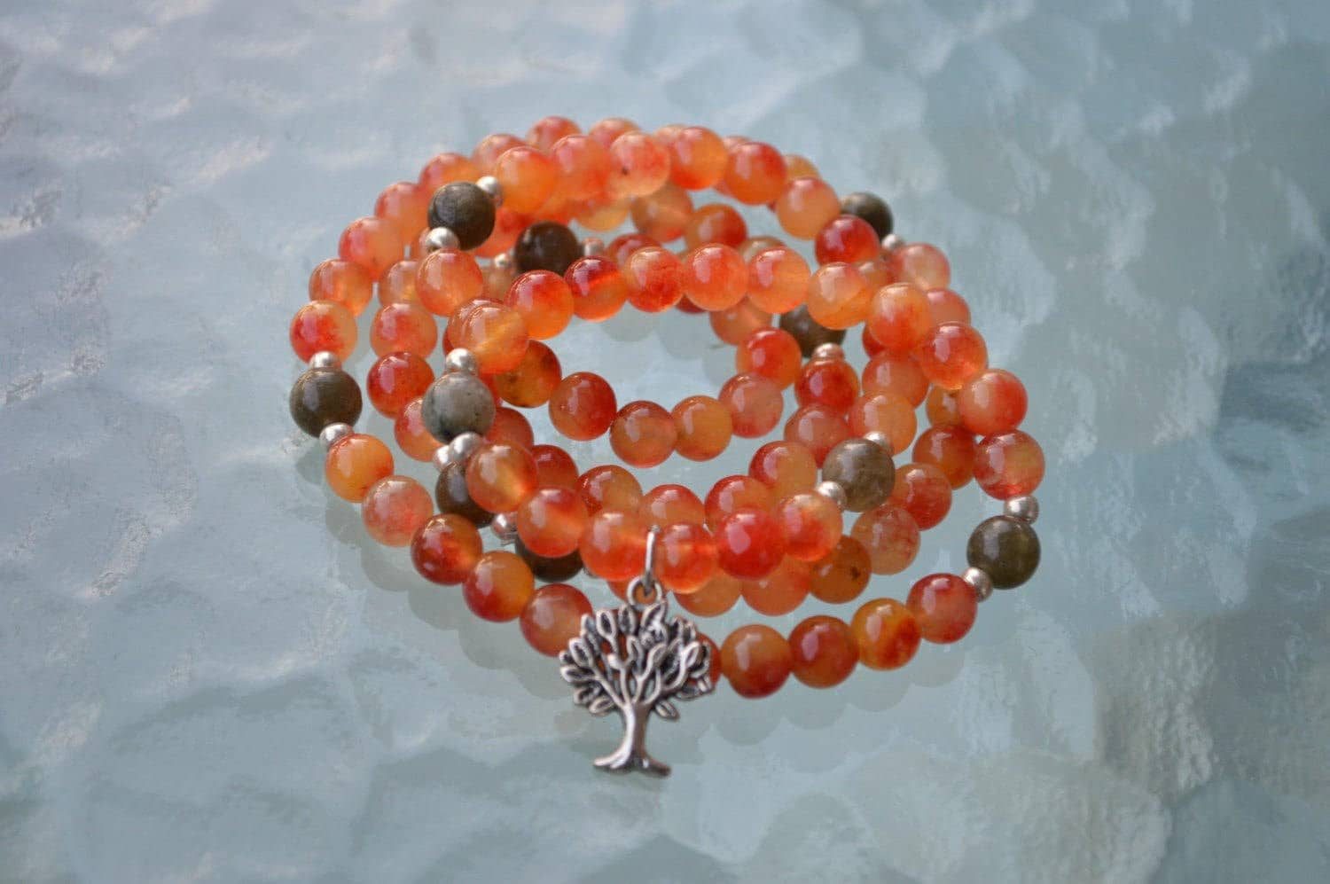 Tree of Life & Orange Agate Mala Necklace featuring 108 hand-knotted beads, designed to activate the Sacral Chakra for creativity and balance, associated with Leo and Virgo.