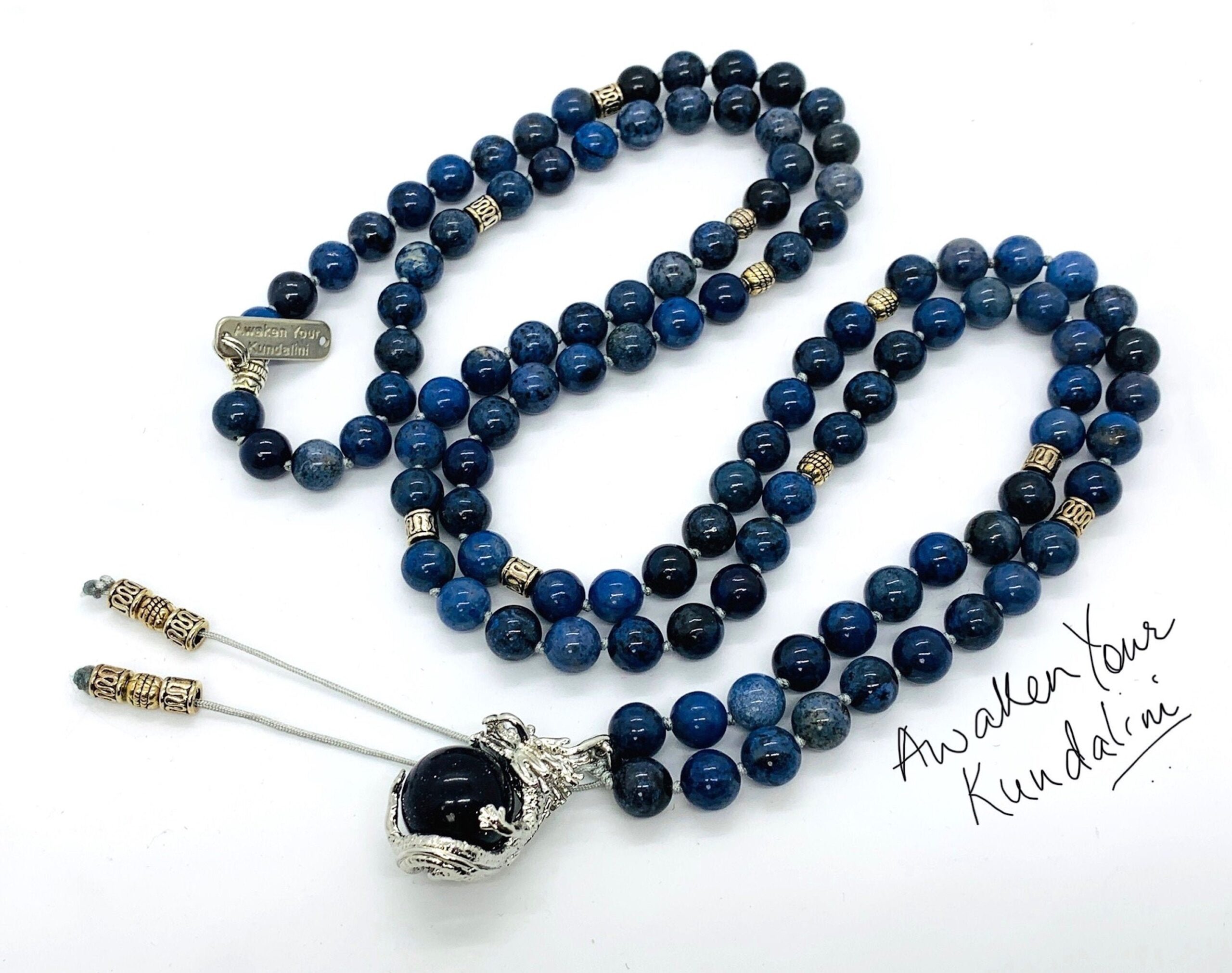  Dumortierite Beaded Necklace designed for Third Eye Chakra support, enhancing intuition and wisdom, with beads resonating with Sagittarius and Pisces.