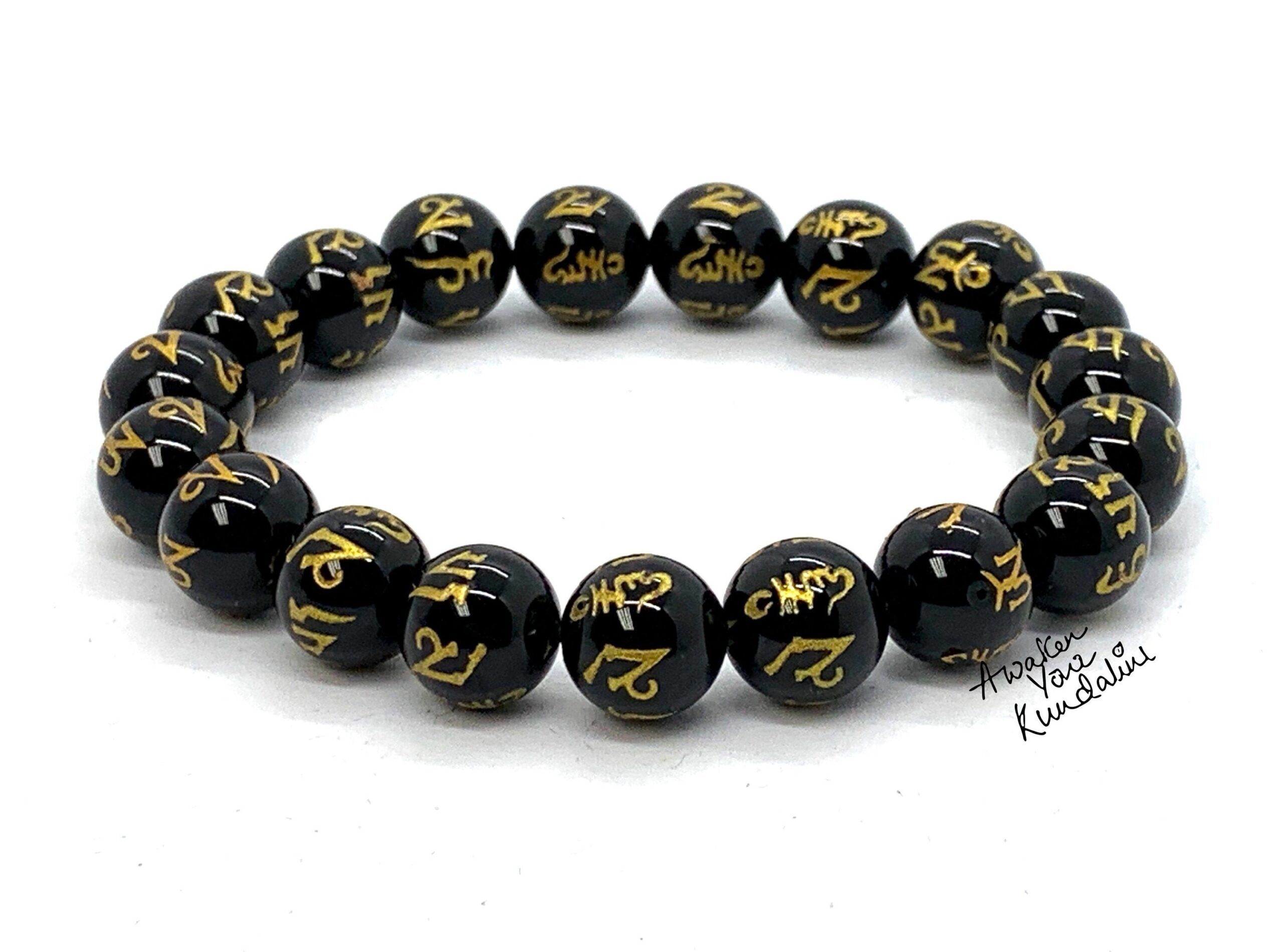 10mm Black Tourmaline Bracelet with OM Mani Padme Hum Engraved for Capricorn sun sign, featuring root chakra grounding and protective benefits