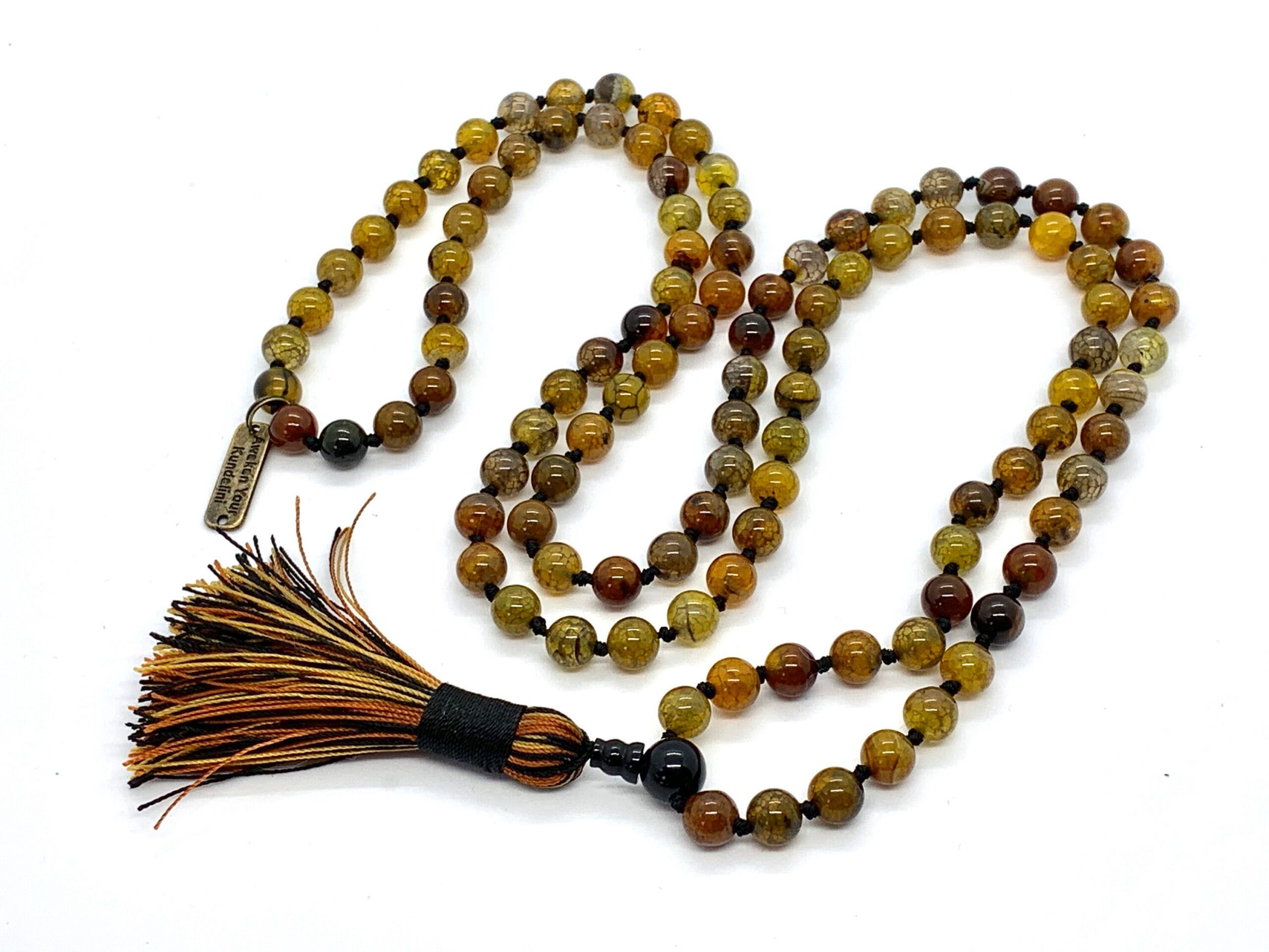 Coffee Dragon Vein Agate Necklace featuring hand-knotted beads, designed for grounding, creativity, and Root and Sacral Chakra activation. Resonates with Aries and Scorpio zodiac signs.