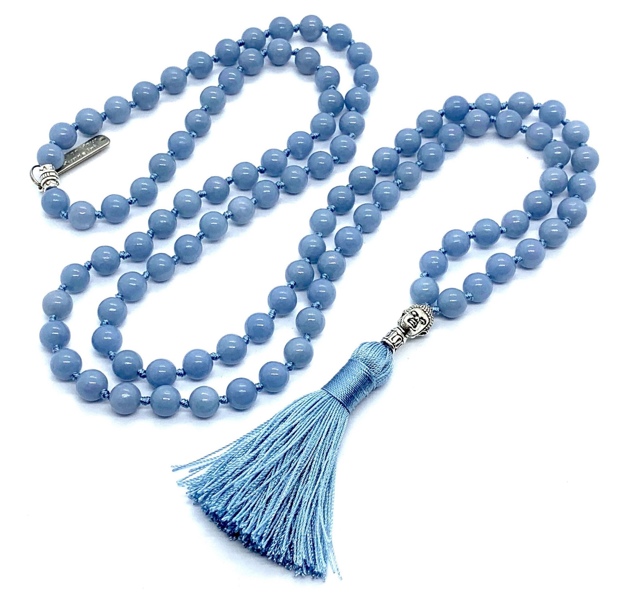 Angelite Mala Necklace designed for Throat Chakra support, promoting communication and inner peace, with beads resonating with Aquarius energy.