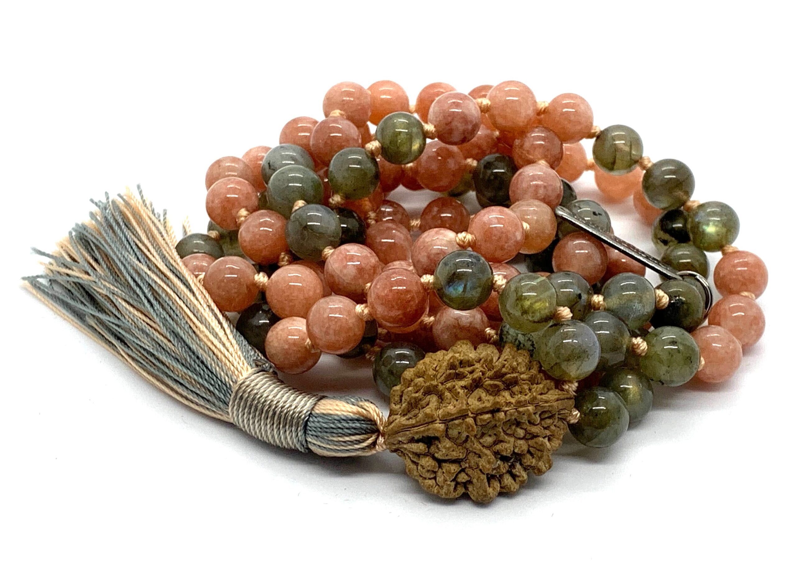 Labradorite & Sunstone Mala Necklace with 108 hand-knotted beads, designed to activate the Third Eye and Solar Plexus Chakras. Ideal for Leo and Scorpio, fostering intuition and personal power. Perfect for meditation and spiritual growth.