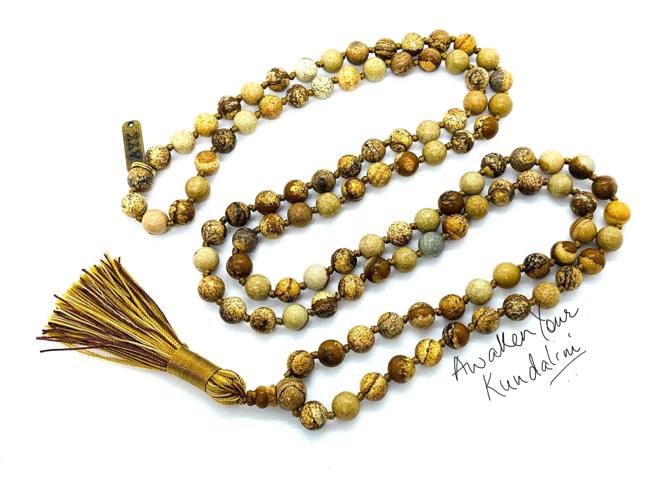 Picture Jasper Mala Necklace featuring 108 hand-knotted beads, designed for grounding and stability, aligning with the Root Chakra, resonating with Virgo and Capricorn.