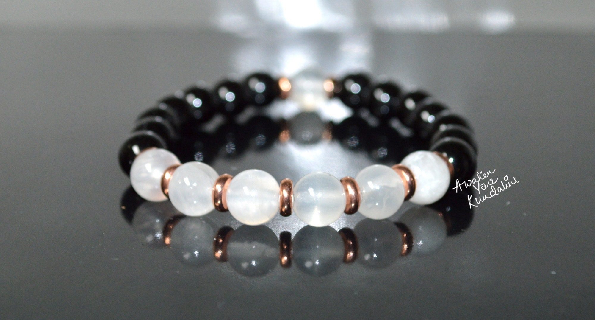 Black Tourmaline & Selenite Bracelet, minimalistic design for empath protection, negative energy dispersion, and unisex wear, ideal for Christmas