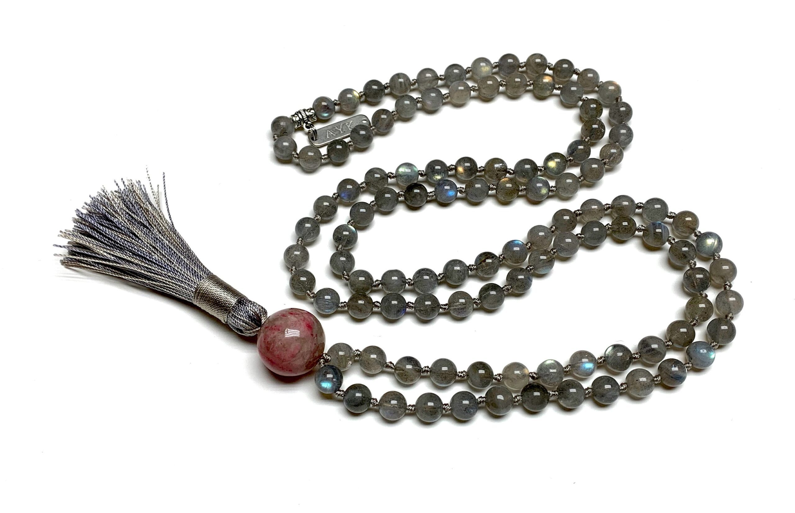  Labradorite Hand-Knotted Mala Necklace with 108 beads, designed to enhance intuition and spiritual awareness. Resonates with Sagittarius and Scorpio, supporting the Third Eye and Crown Chakras for transformation and protection.