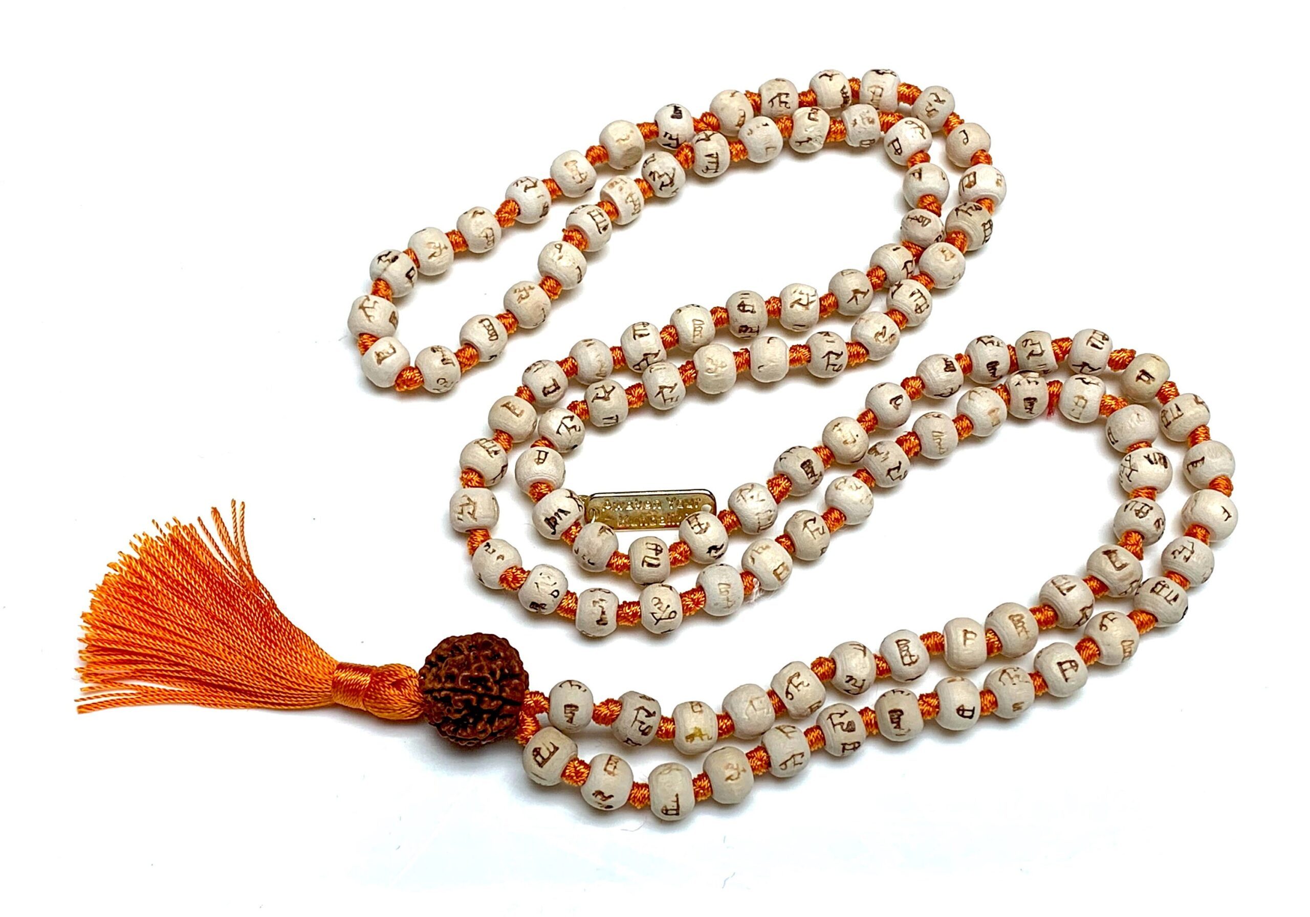 Hare Rama Krishna Hand Knotted Mala Necklace, featuring 108 beads, designed for mantra recitation and spiritual practice, supporting the Root Chakra and resonating with the Capricorn zodiac sign.