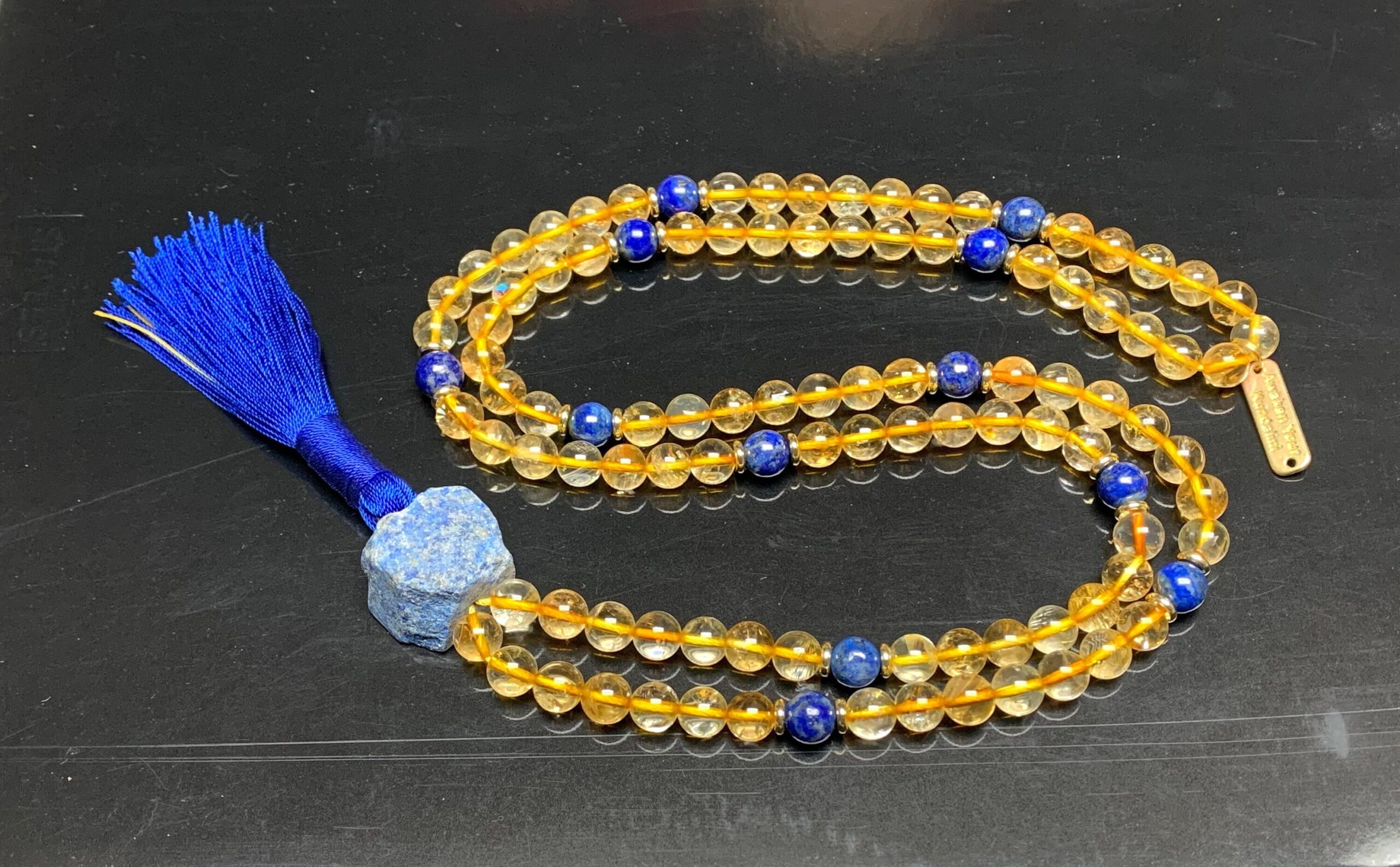 Citrine & Lapis Lazuli Mala Beads Necklace designed for Solar Plexus and Third Eye Chakra support, enhancing manifestation, wisdom, and a connection to Leo and Sagittarius.