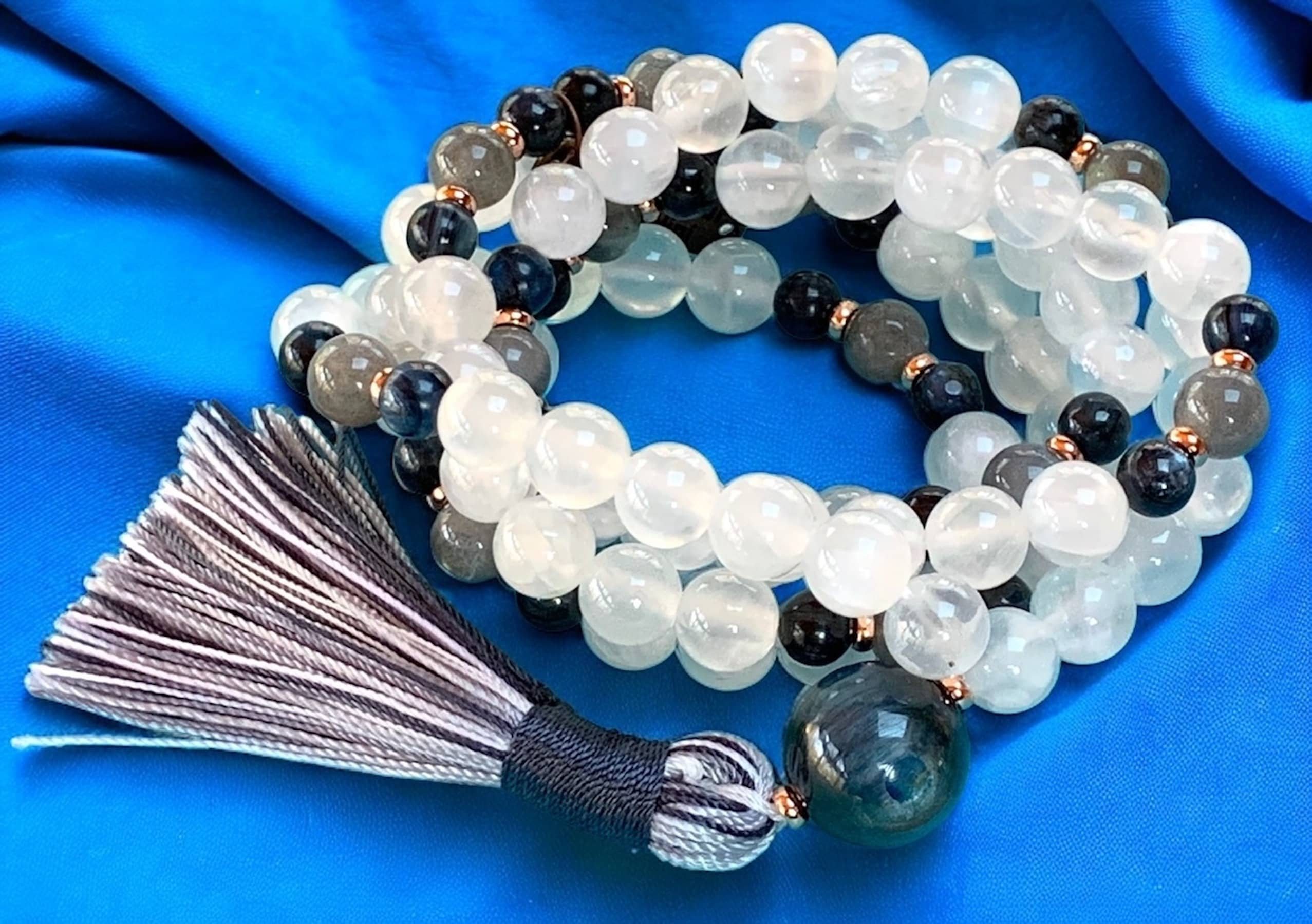 Selenite, Kyanite & Labradorite Mala Necklace featuring 108 hand-knotted beads, designed for spiritual clarity, intuition, and Crown and Third Eye Chakra activation. Resonates with Gemini and Pisces zodiac signs.