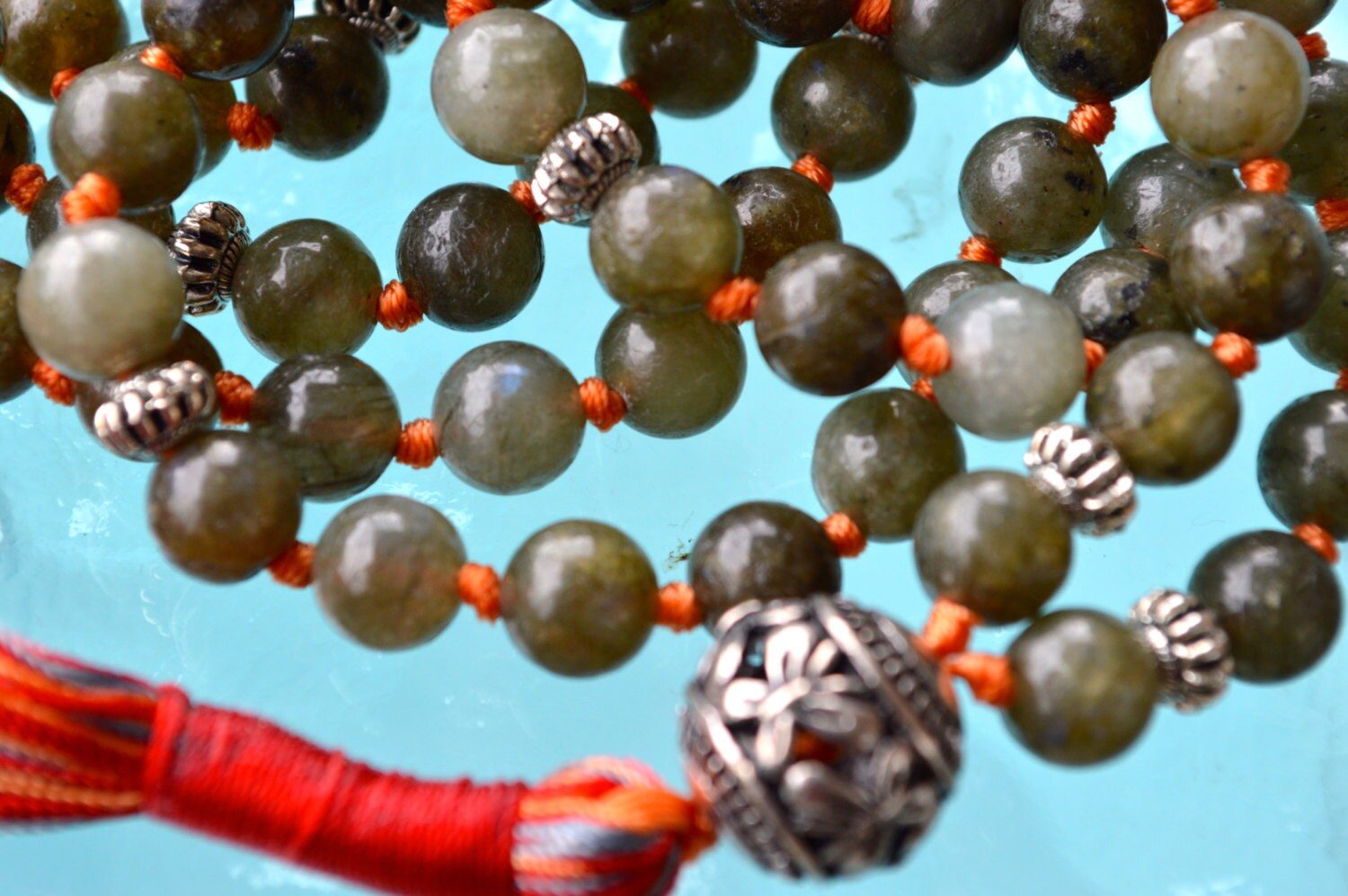 Labradorite Mala Necklace featuring 108 hand-knotted beads designed for intuition, transformation, and spiritual protection. Resonates with Leo and Scorpio zodiac signs.