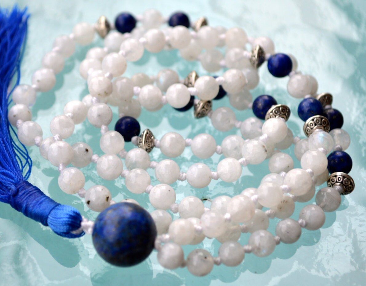 Moonstone & Lapis Lazuli Mala Necklace designed for Third Eye and Crown Chakra support, enhancing intuition, spiritual awareness, and emotional balance, resonating with Cancer and Sagittarius.