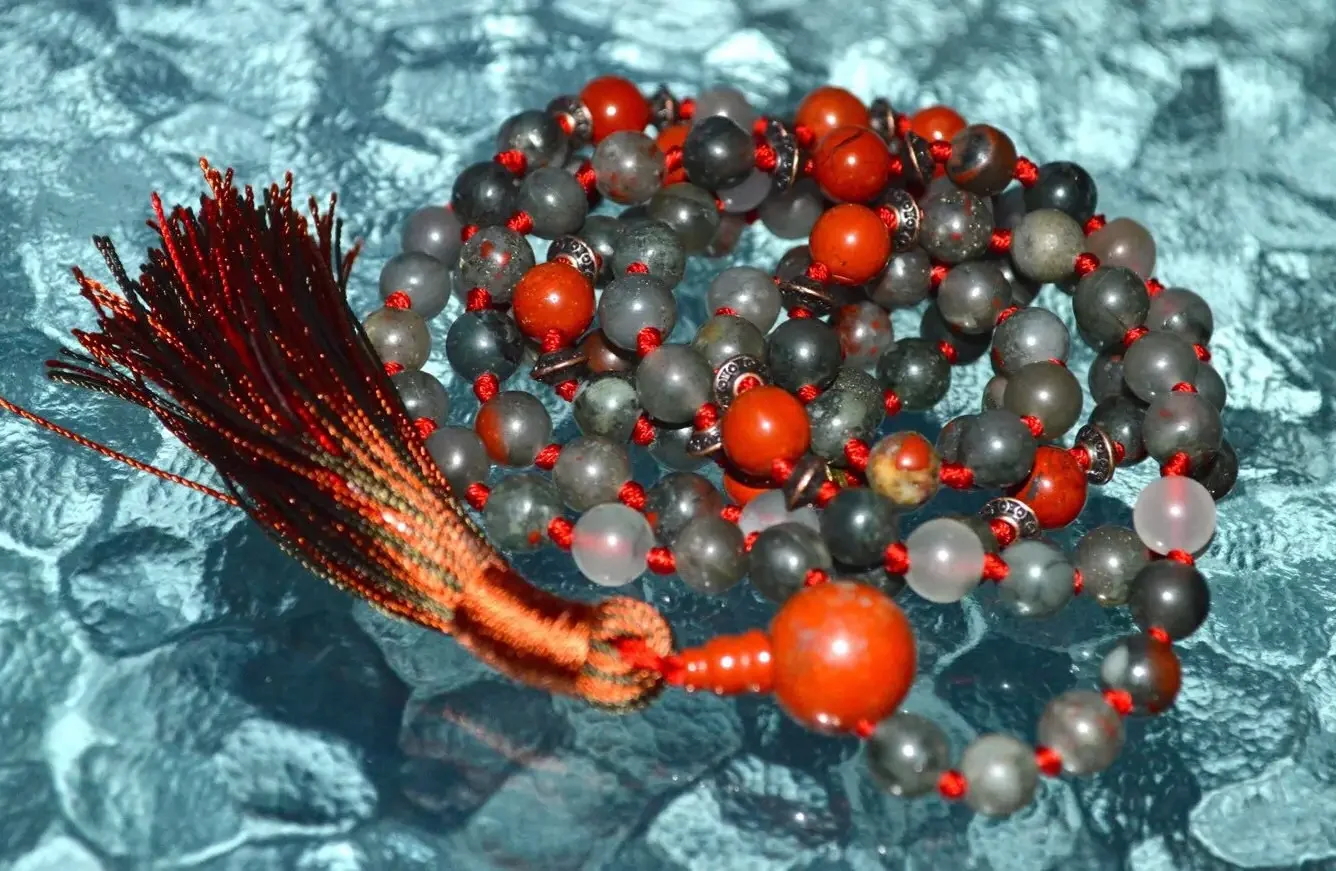 Bloodstone & Jasper Mala Necklace featuring earthy-toned beads, designed for grounding and emotional balance, supporting the Root and Heart Chakras, associated with Aries and Libra zodiac signs.