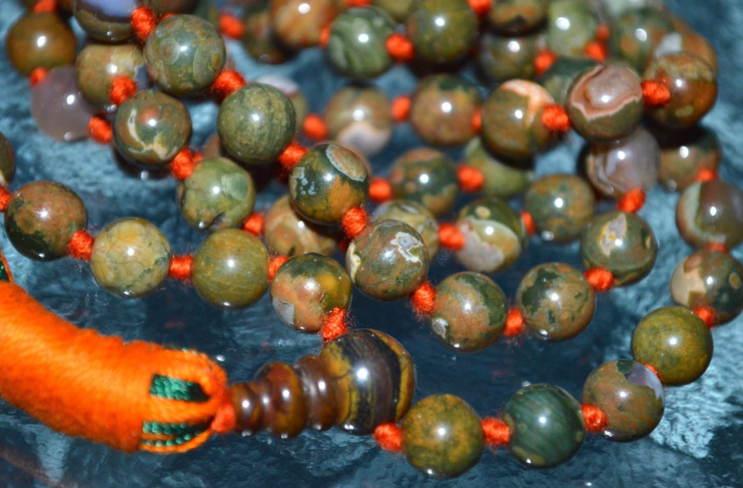 Rainforest Jasper Mala Rhyolite Beads Necklace designed for Heart Chakra balance, ideal for Virgo and Gemini, promoting emotional renewal.