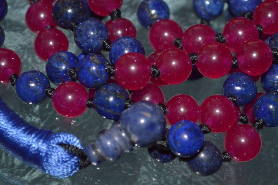 Lapis Lazuli & Magenta Jade Mala Necklace for wisdom and inner peace, supporting Throat and Third Eye Chakras, perfect for Sagittarius and Pisces zodiac signs.